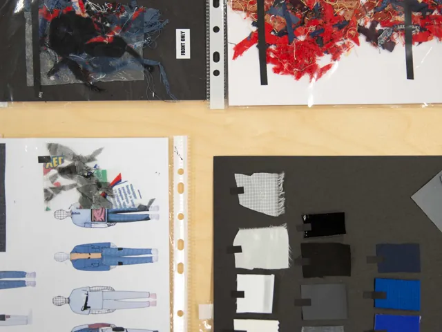 Figurini di moda, campioni tessili e swatch su tavolo da lavoro